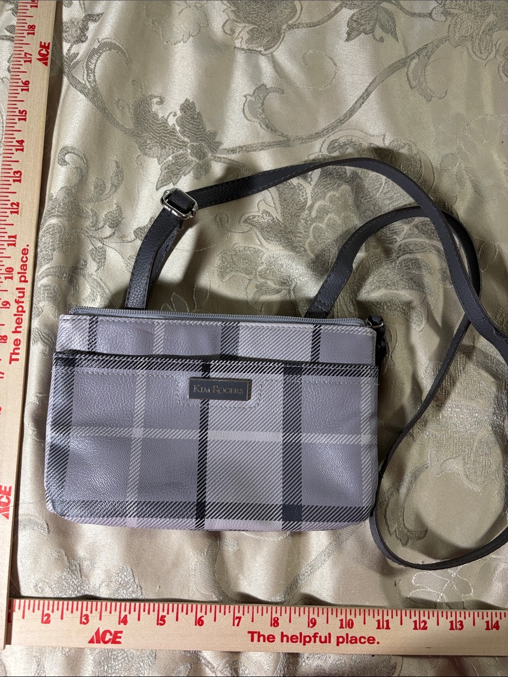 Kim Rogers Gray Plaid Crossbody Purse with Black Strap